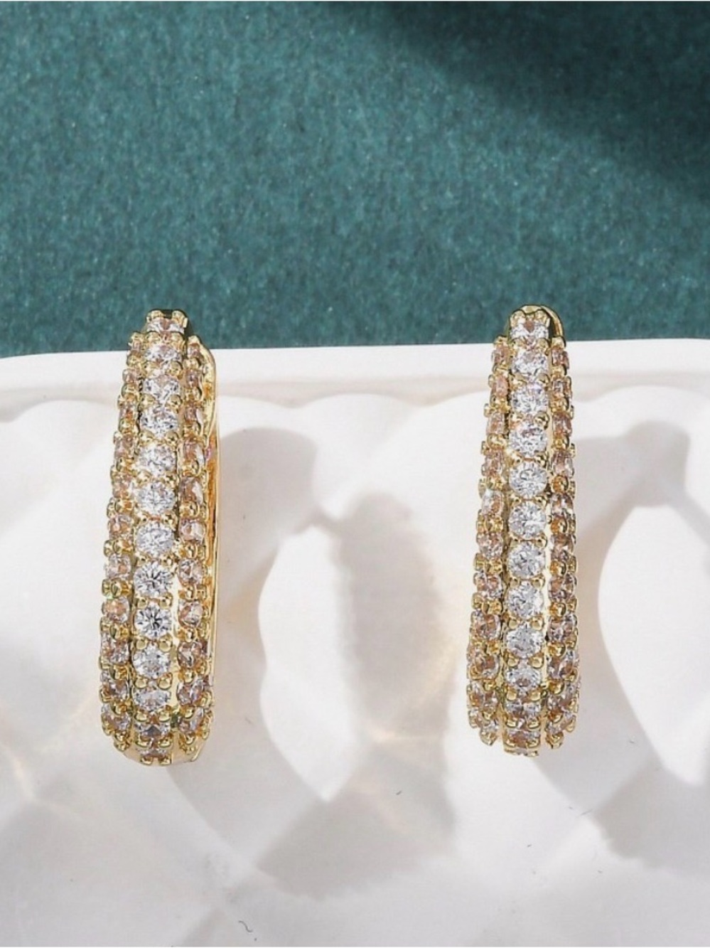 Hoop Earrings 18K Gold Plated Oval Cubic Zirconia 0.83 in Micro Pave Clear E73